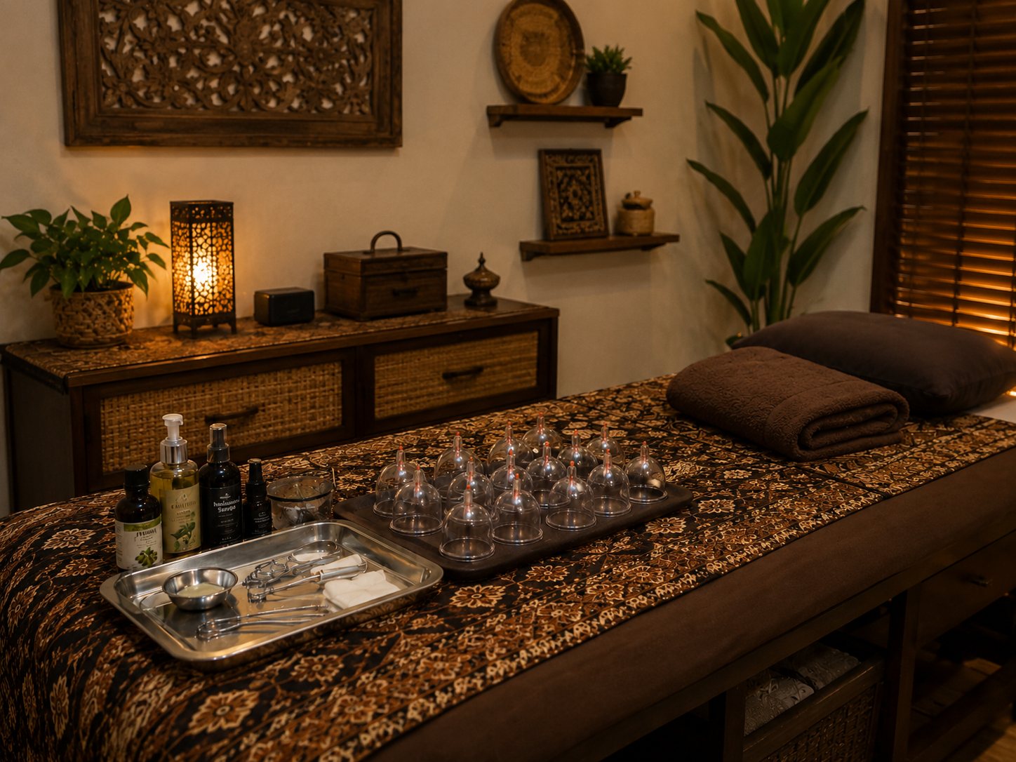 Calm, clean treatment room prepared for a hijama session